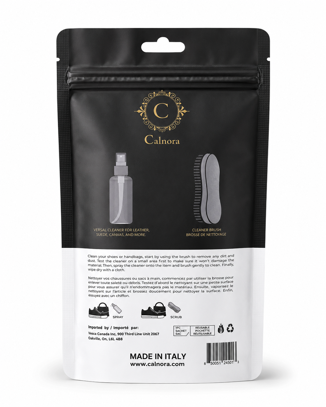 Calnora Universal Cleaner Kit back packaging with directions