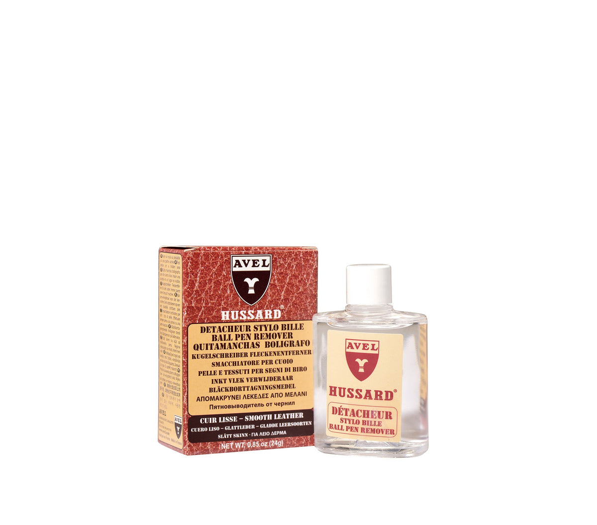 Avel Hussard Ball Pen Remover, 30 ml bottle beside its retail box