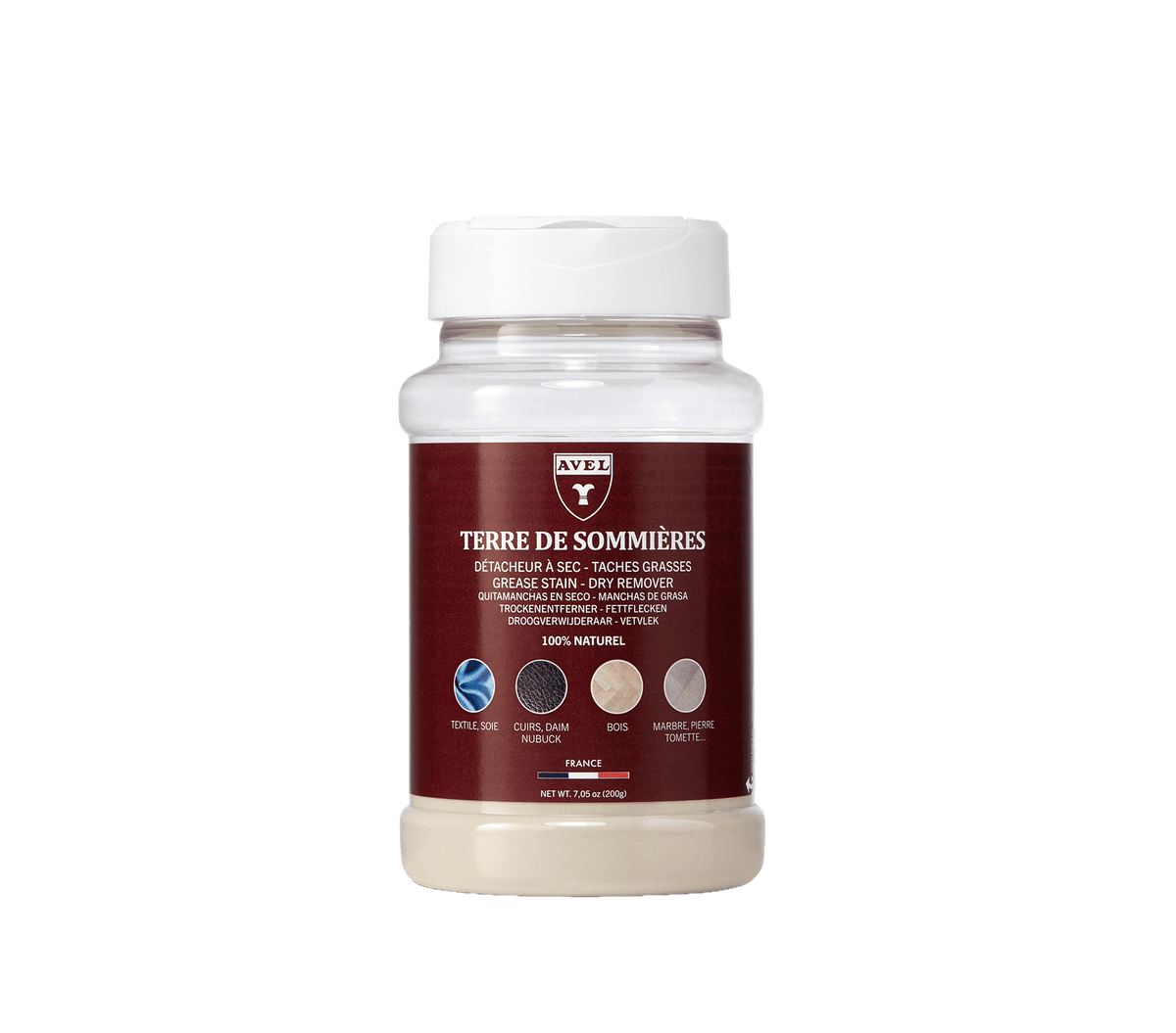 Avel Terre de Sommieres dry stain remover, 200 g bottle with white lid