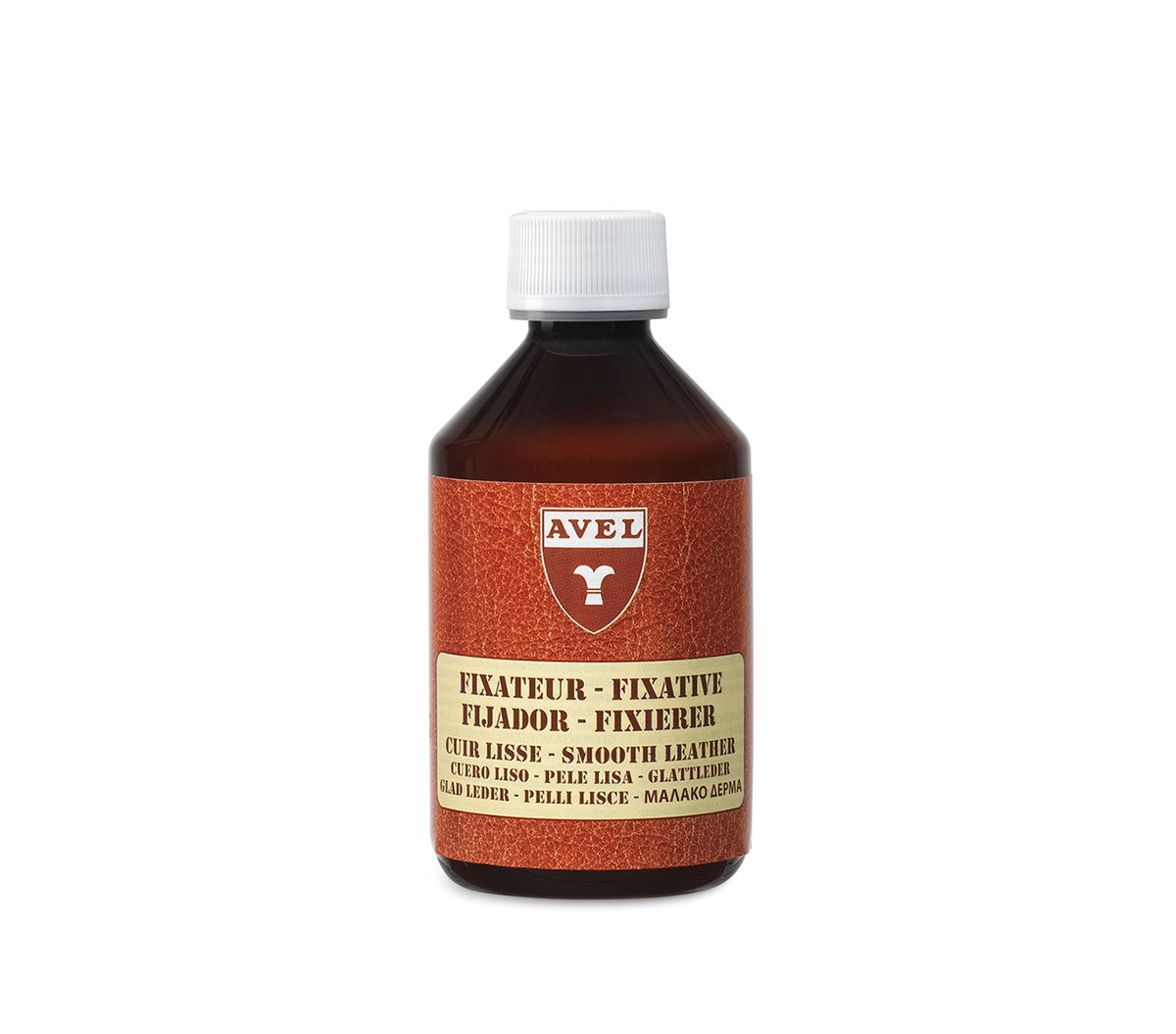 Avel pigment fixative for smooth leather in a brown bottle with white cap