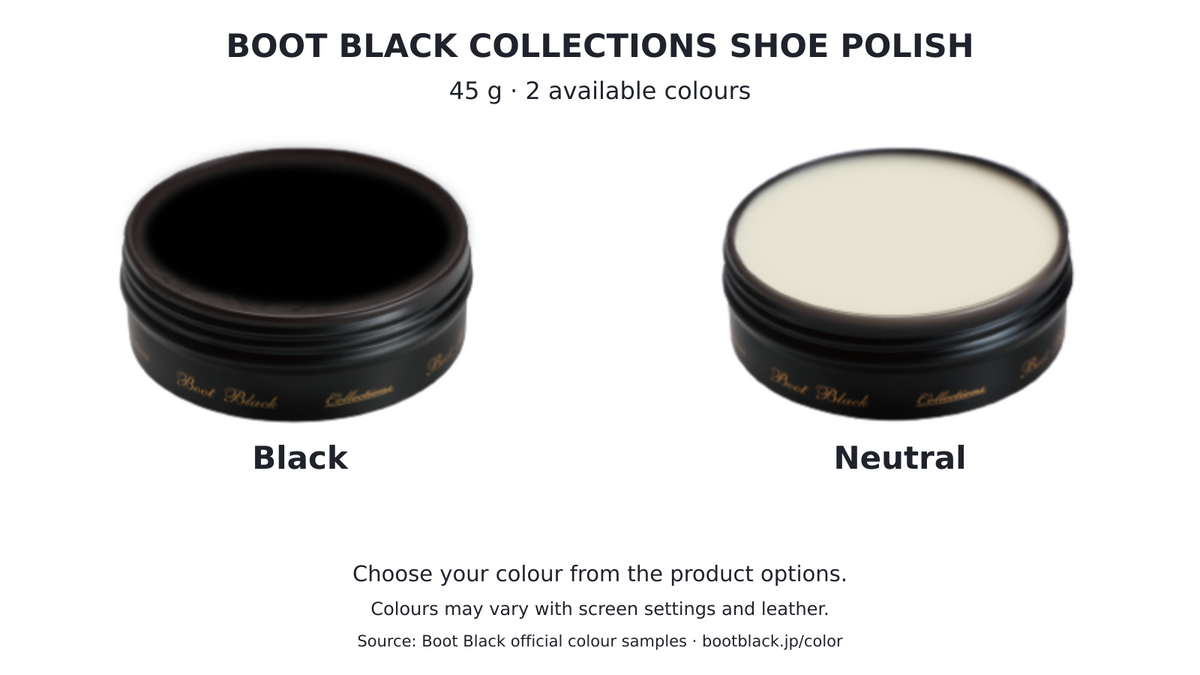 Boot Black Collections Shoe Polish — 2 available colour options on a white background; official manufacturer colour samples