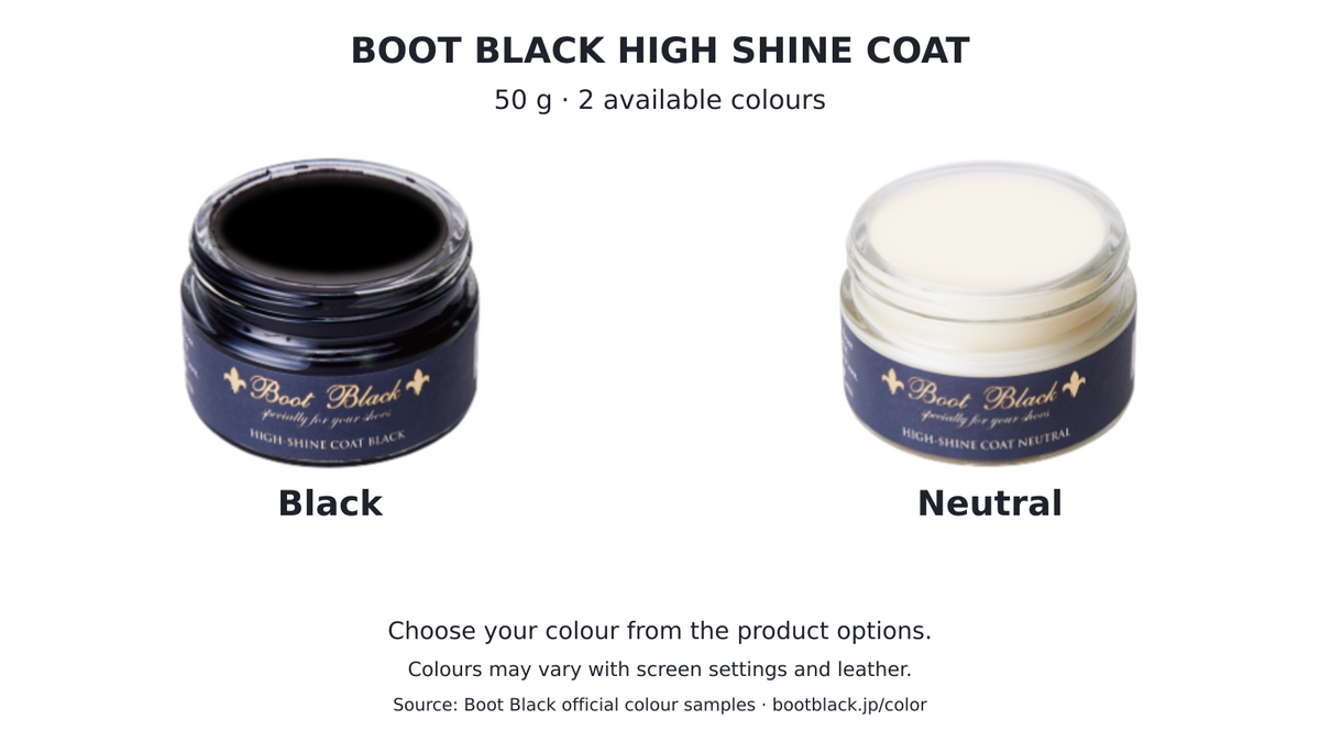 Boot Black High Shine Coat — 2 available colour options on a white background; official manufacturer colour samples