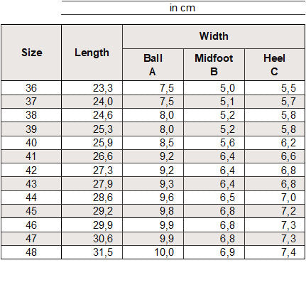 Pedag Leather 110 insole size dimensions chart
