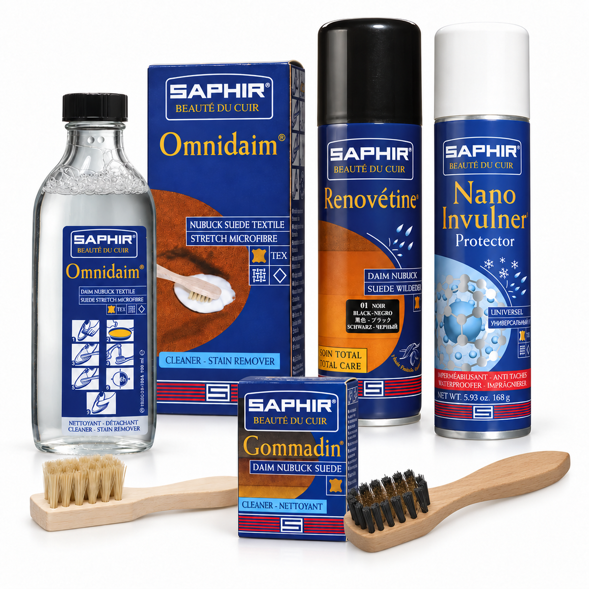 Saphir Beauté du Cuir suede kit with brass brush, Omnidaim and application brush, Renovétine, Nano Invulner and Gommadin