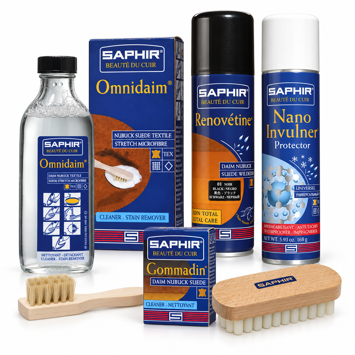 Saphir Beauté du Cuir suede kit with crepe brush, Omnidaim and application brush, Renovétine, Nano Invulner and Gommadin