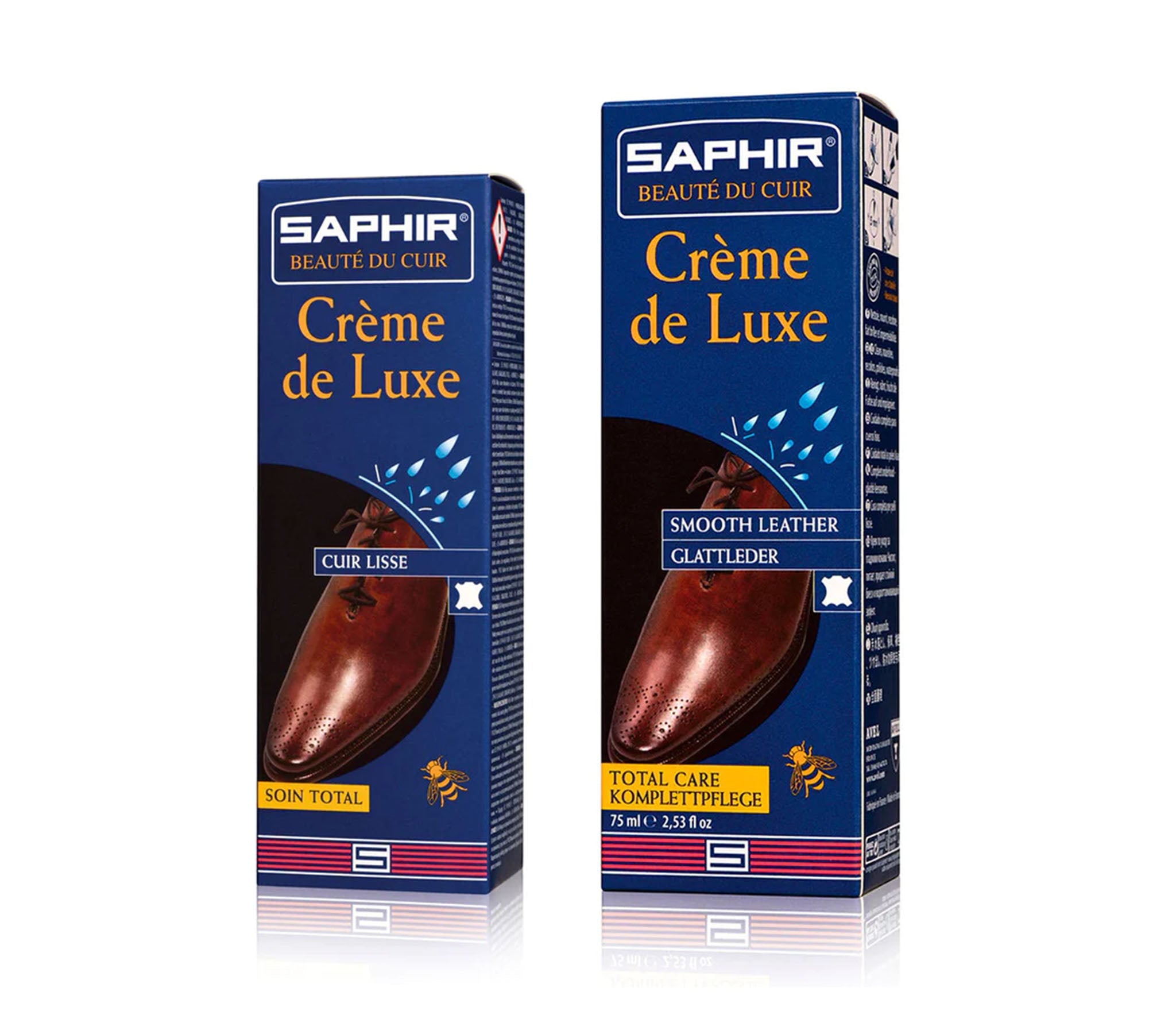 Saphir Crème de Luxe cream shoe polish in 50 ml and 75 ml packages