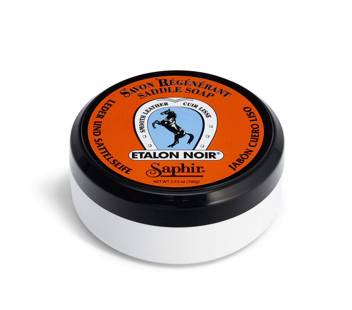 Saphir Etalon Noir saddle soap in a black-lidded tub with an orange label on a white background