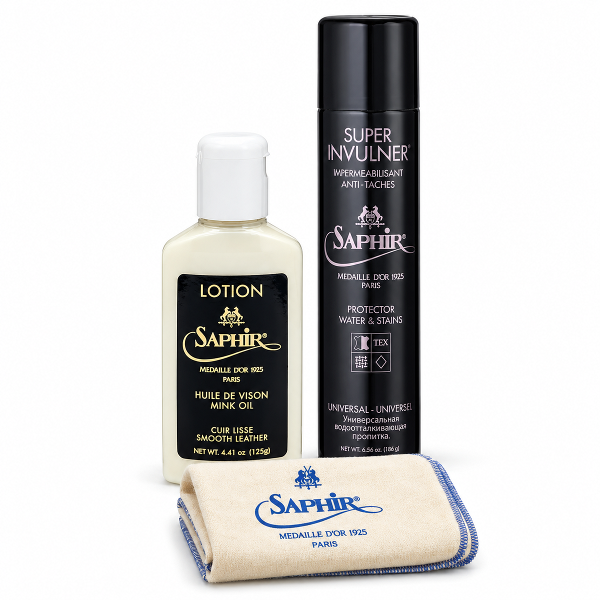 Médaille d’Or handbag care kit with Leather Lotion 125 mL, Super Invulner 300 mL and one MDO cloth