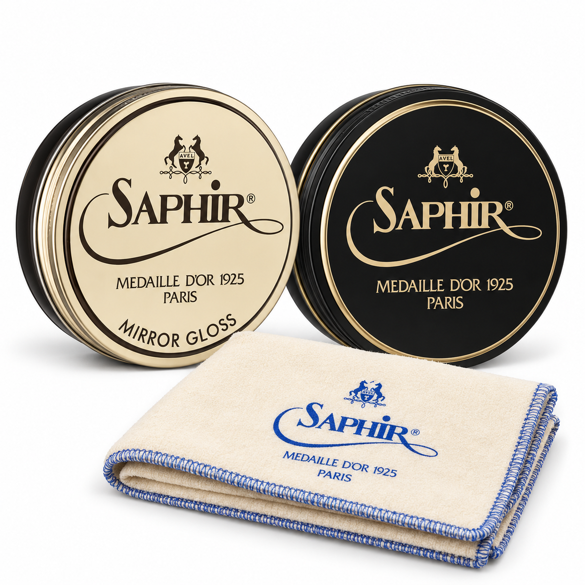 Saphir Médaille d'Or Mirror Shine Kit with Mirror Gloss, Pâte de Luxe and rectangle cotton cloth