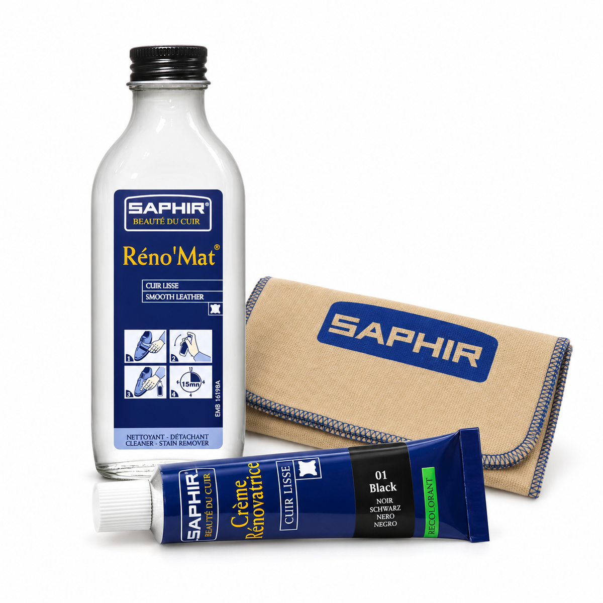 Saphir Leather Scuff Touch-Up Kit with Reno'Mat 100 mL, one 25 mL Renovatrice tube and one cotton cloth; Black shown