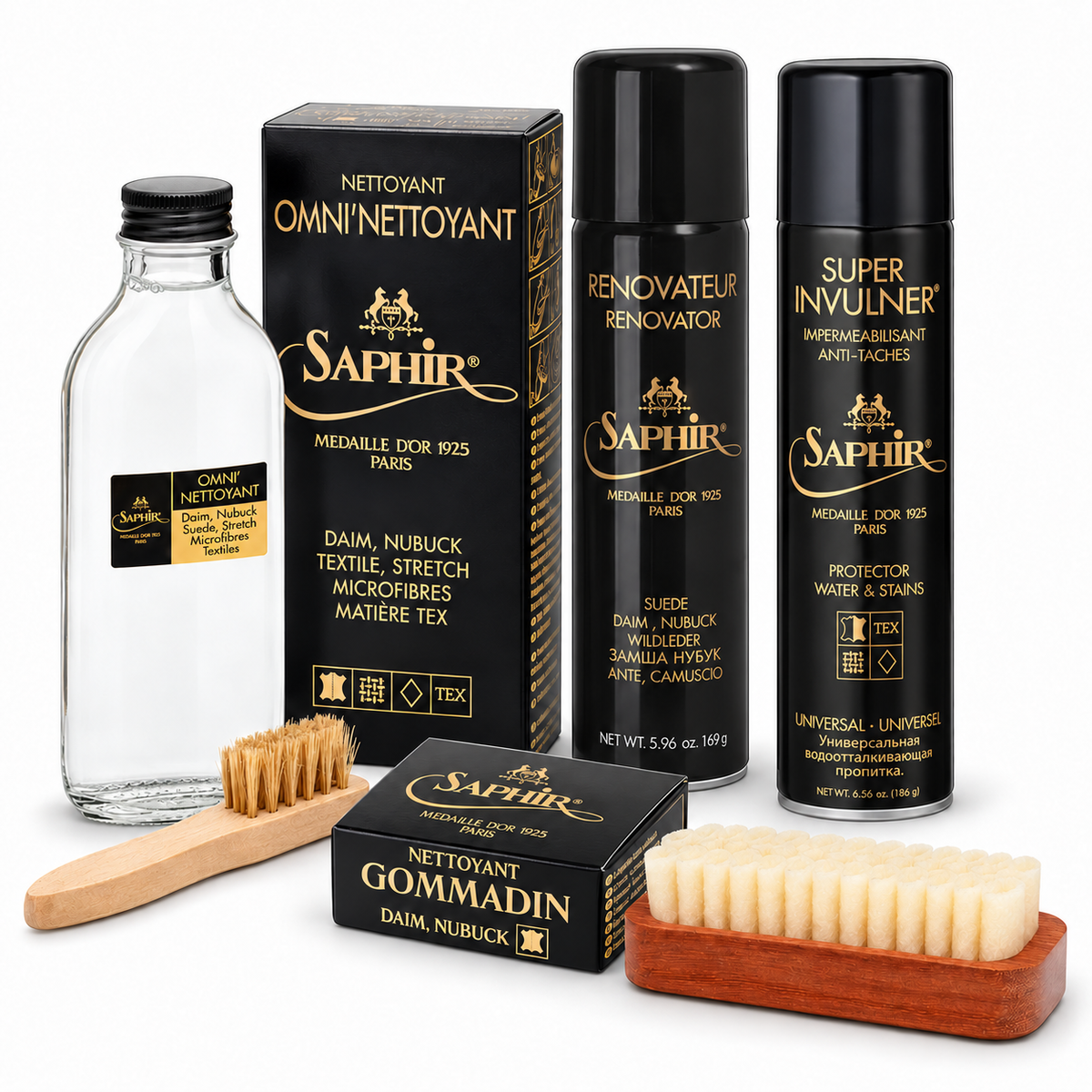 Saphir Médaille d’Or suede kit with Crepe Brush, Omni’Nettoyant and application brush, Renovateur, Super Invulner and Gommadin; gold label lettering