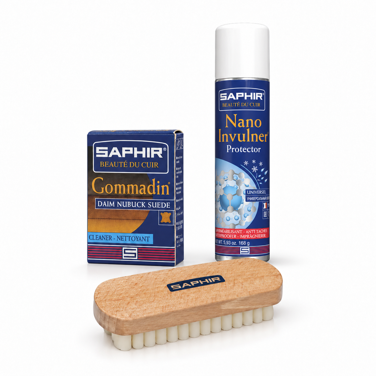 Saphir Suede & Nubuck Essentials Kit with Nano Invulner 250 mL, crepe brush and Gommadin eraser