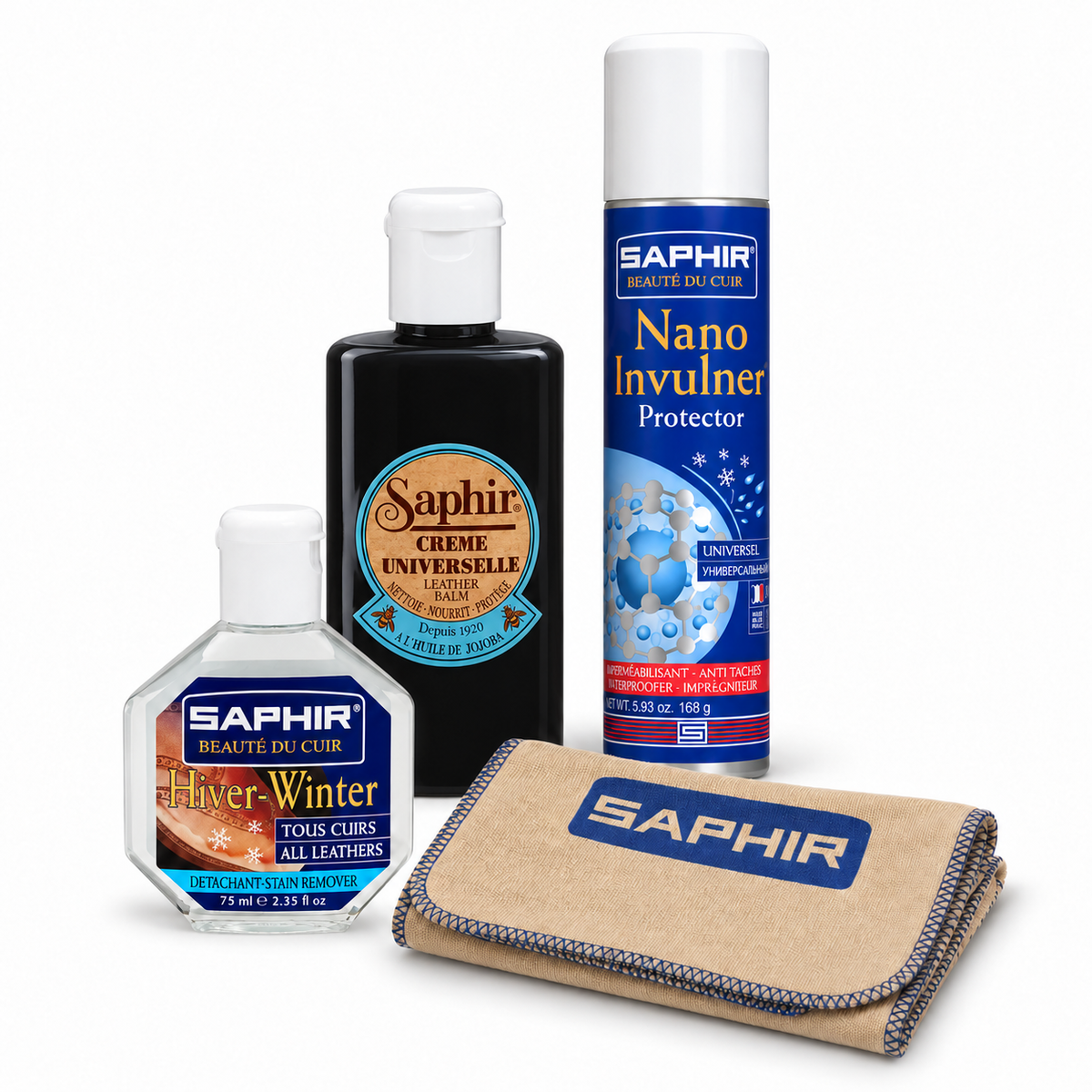 Saphir winter smooth-leather kit with Hiver, Black Creme Universelle 150 mL, Nano Invulner and one cotton cloth