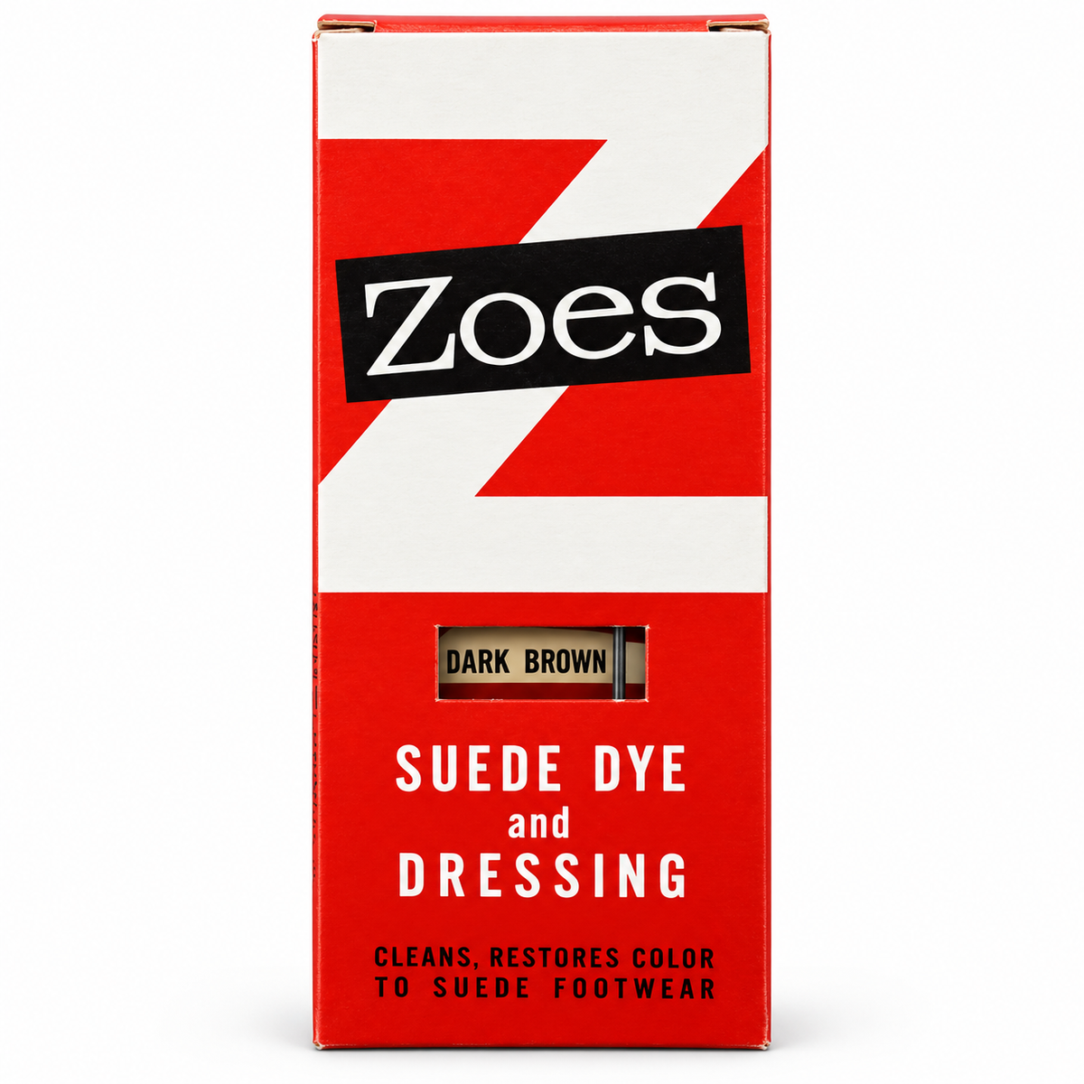 Zoes Suede Dye and Dressing – Dark Brown, front packaging