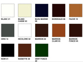 Color chart for leather care products showing shades like Blanc, Bleu Marine, Marron, Noir, and Vert Fonce