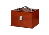 Wooden shoe care box with leather handle and metal clasp for storing leather care products