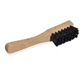 Wooden-handled shoe brush with black bristles for leather care and polishing