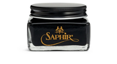 Saphir leather care product in glass jar with black lid and gold logo