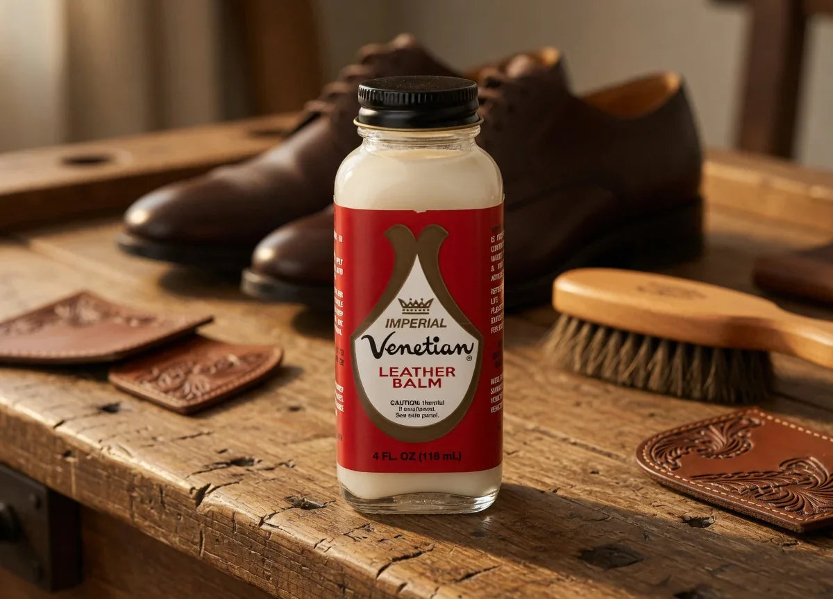 Venetian Leather Balm bottle on wooden table with brown leather shoes and shoe brush