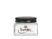 Saphir leather care cream in clear glass jar with black lid, premium shoe polish for conditioning and shine