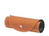 Tan leather shoe care kit case with pebbled texture and snap closure, ideal for storing shoe polish and brushes