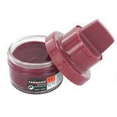 Tarrago Brands burgundy shoe cream in glass jar with applicator lid, made in Spain for leather care