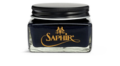 Saphir shoe cream in glass jar with black lid, premium leather care product for shine and restoration