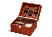 Luxury leather shoe care kit with brushes, creams, and polish in wooden box for shoe restoration and shine