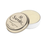 Saphir Mirror Gloss shoe polish tin with lid open, showcasing creamy leather care product for premium shine