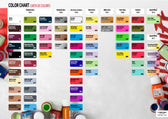 Tarrago paint color chart with standard, metallic, pastel, glitter, and special effect shades for shoe care