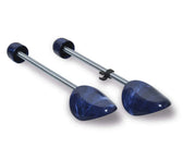 Blue adjustable shoe trees with metal rods for leather shoe care and shape retention