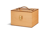 Wooden box with leather handle and gold latch for shoe care products