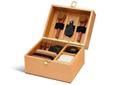 Luxury leather shoe care kit with brushes, cream, and polish in wooden box