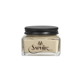 Saphir leather cream in clear glass jar with black lid, premium shoe care product for conditioning and shine