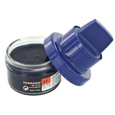 Tarrago navy blue shoe cream in glass jar with blue applicator lid, made in Spain for leather care