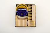 Saphir Crème Surfine leather care kit with brushes and cloth for shoe and leather conditioning
