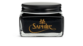 Saphir leather care cream in glass jar with gold logo, premium shoe polish for conditioning and shine