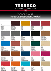 Tarrago Nubuck Suede Renovator color chart with 24 shades for leather shoe repair and restoration