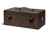 Luxury wooden shoe care kit box with leather handle and metal clasps for premium leather conditioning and restoration
