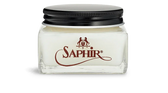 Saphir leather care cream in glass jar with black lid, premium shoe polish for conditioning and shine