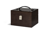 Dark brown leather shoe care kit with handle and metal clasp for premium leather maintenance