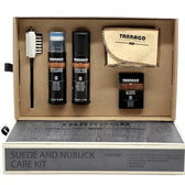 Tarrago Suede and Nubuck Care Kit with cleaner, color restorer, block, brush, and cloth for leather shoe maintenance