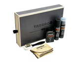 Tarrago leather care kit with cleaner, color, brush, cloth, and box for shoe and boot maintenance