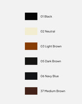 Color chart for leather care products: Black, Neutral, Light Brown, Dark Brown, Navy Blue, Medium Brown