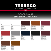 Tarrago Self Shine Cream Kit color chart with shades like Dark Brown, Black, Red, and Navy for leather care