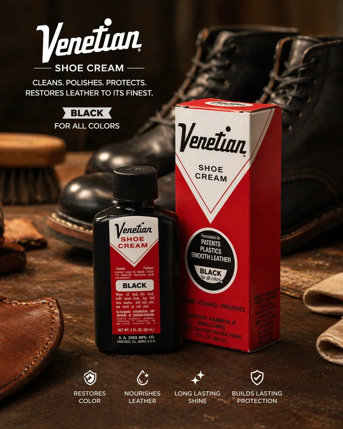 Venetian Shoe Cream black bottle and box on rustic surface with leather boots and care tools