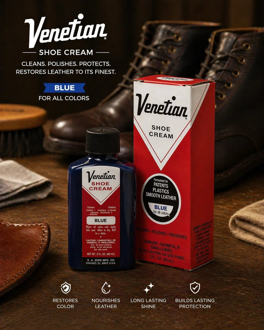 Venetian Shoe Cream blue bottle and box on table with leather boots and shoe brush
