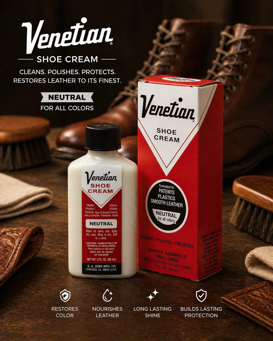 Venetian Shoe Cream neutral bottle and box with brown leather boots and brushes, shoe care products.