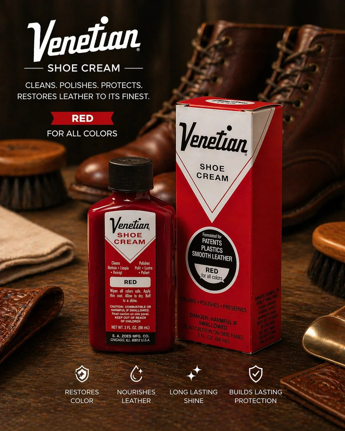 Venetian Shoe Cream red bottle and box for leather care, with shoe brushes and brown boots.