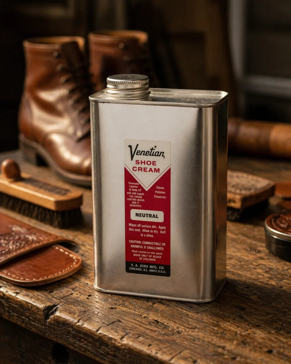 Venetian Shoe Cream in metal tin on wooden table with leather boots and polishing brushes
